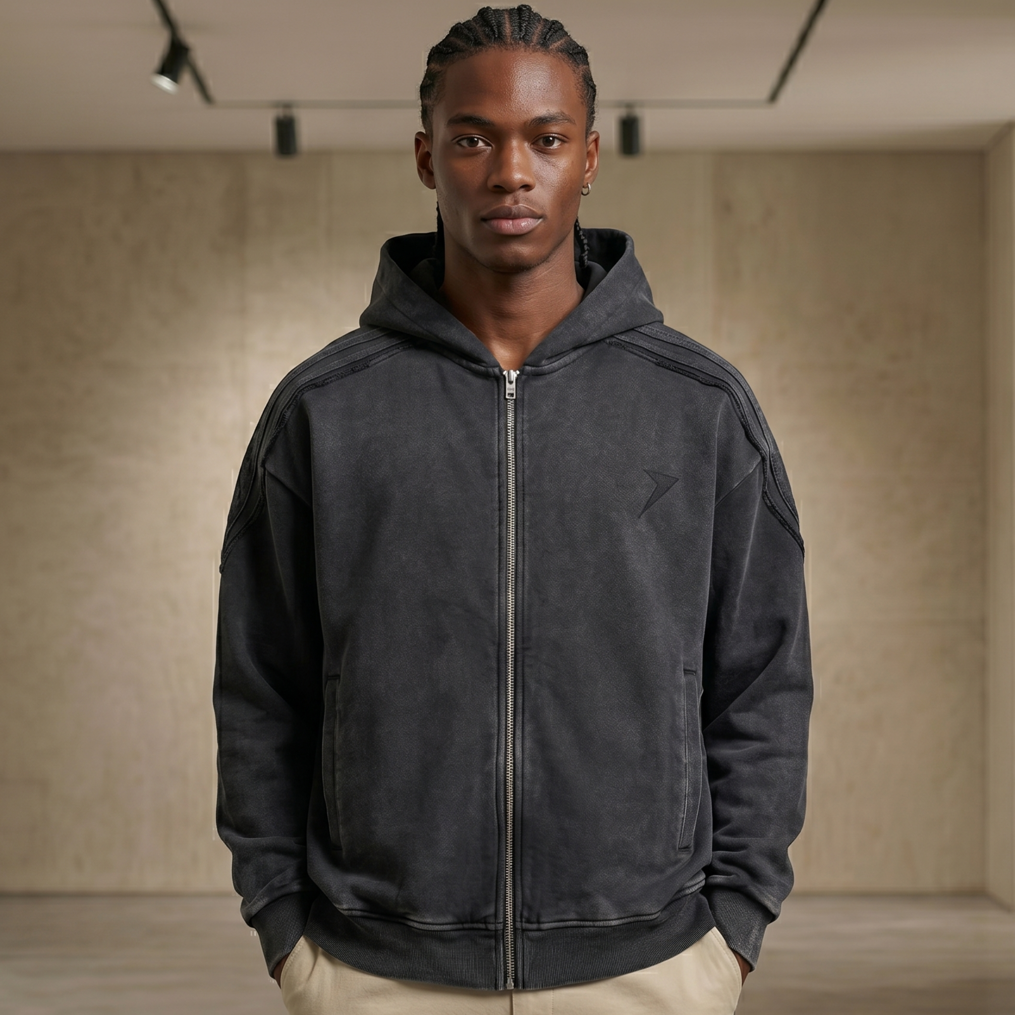 Snow Washed Tape Raw Edge Zip Hoodie