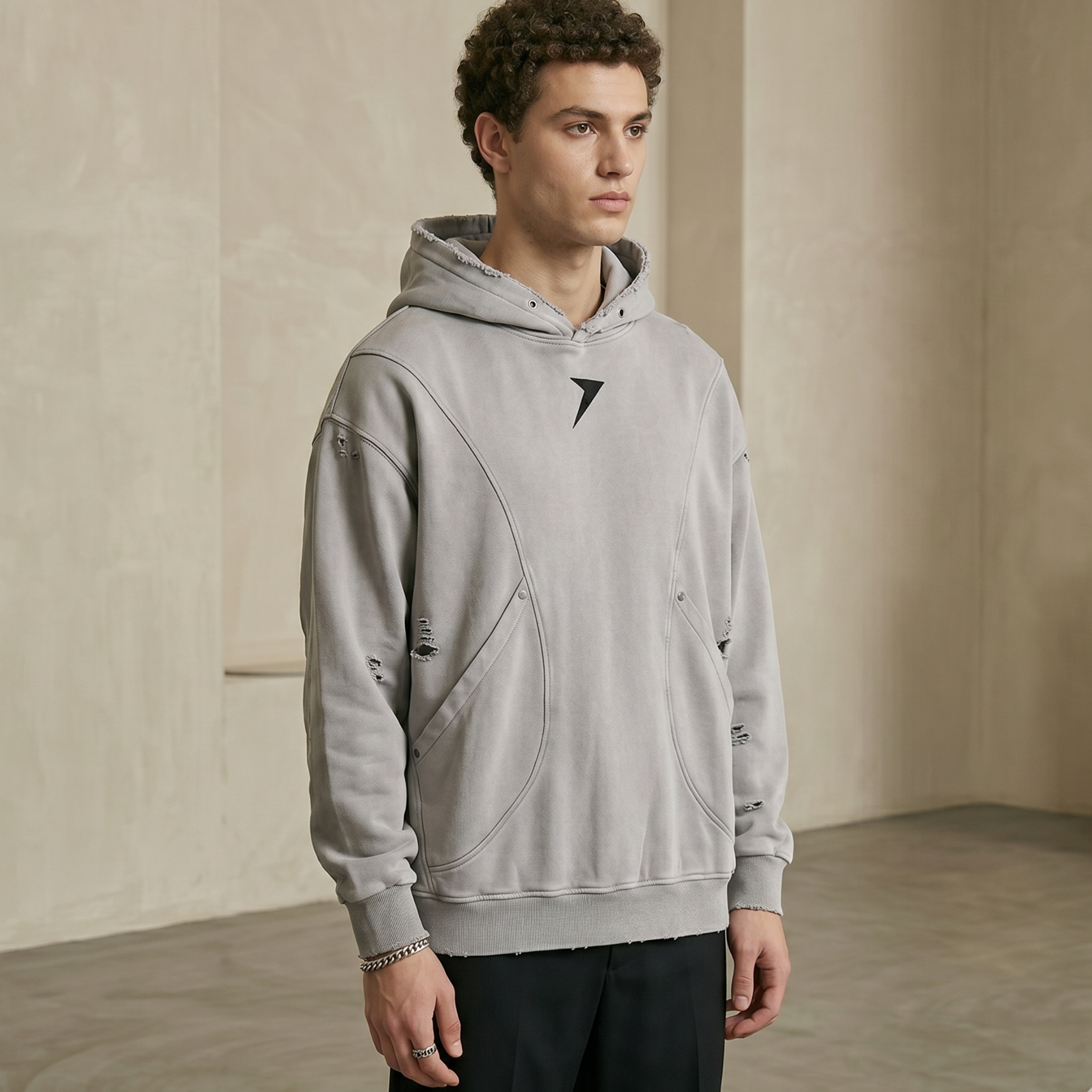 Snow Washed Distressed Panel Pocket Hoodie