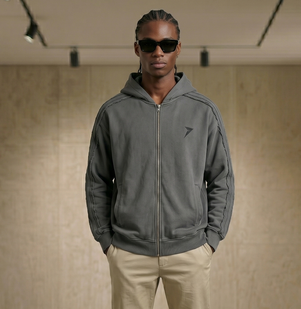 Snow Washed Tape Raw Edge Zip Hoodie