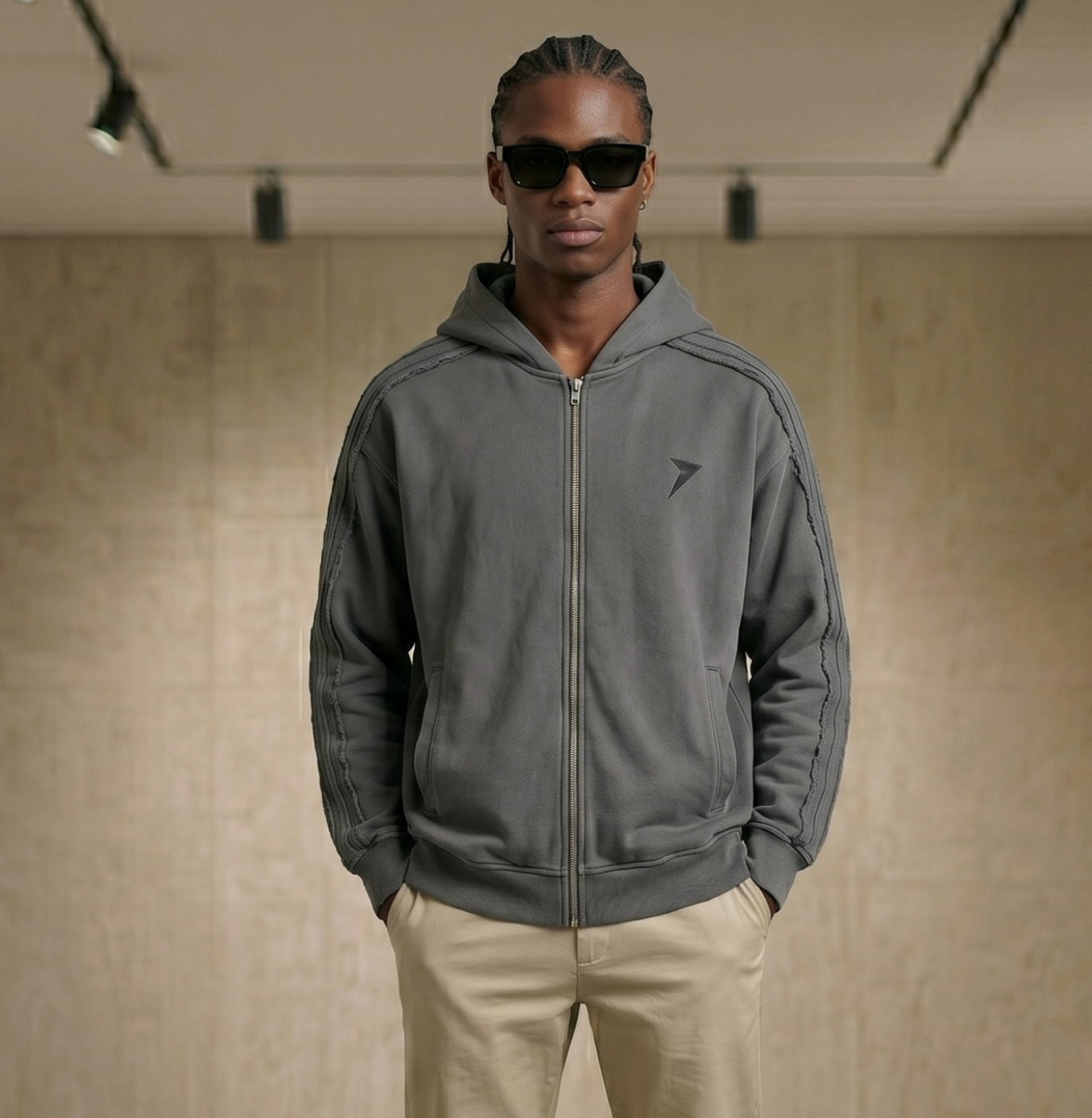 Snow Washed Tape Raw Edge Zip Hoodie