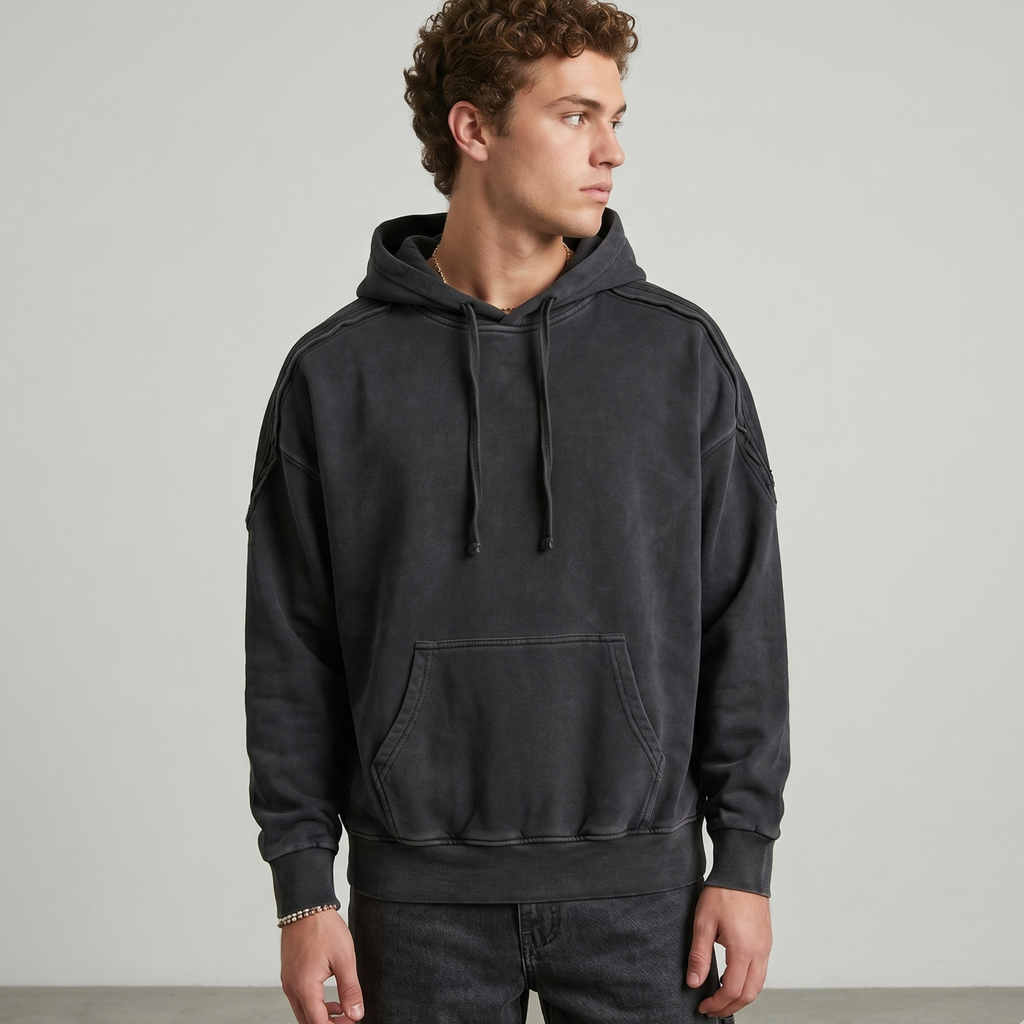 Snow Washed Tape Raw Edge Hoodie