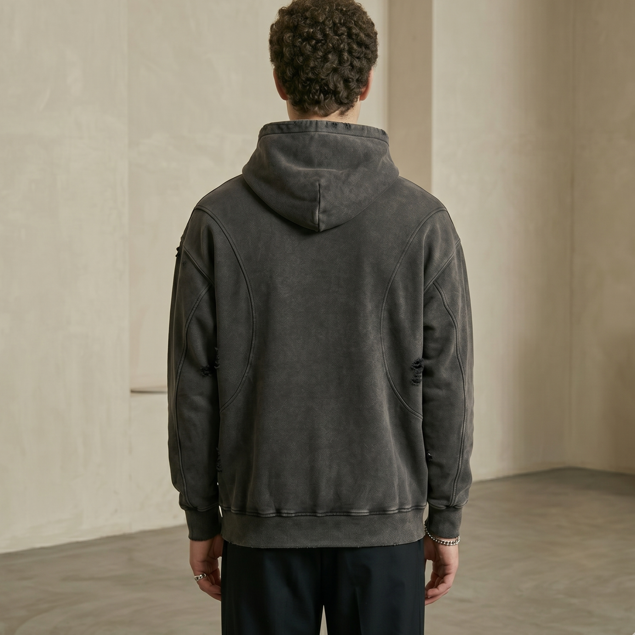 Snow Washed Distressed Panel Pocket Hoodie