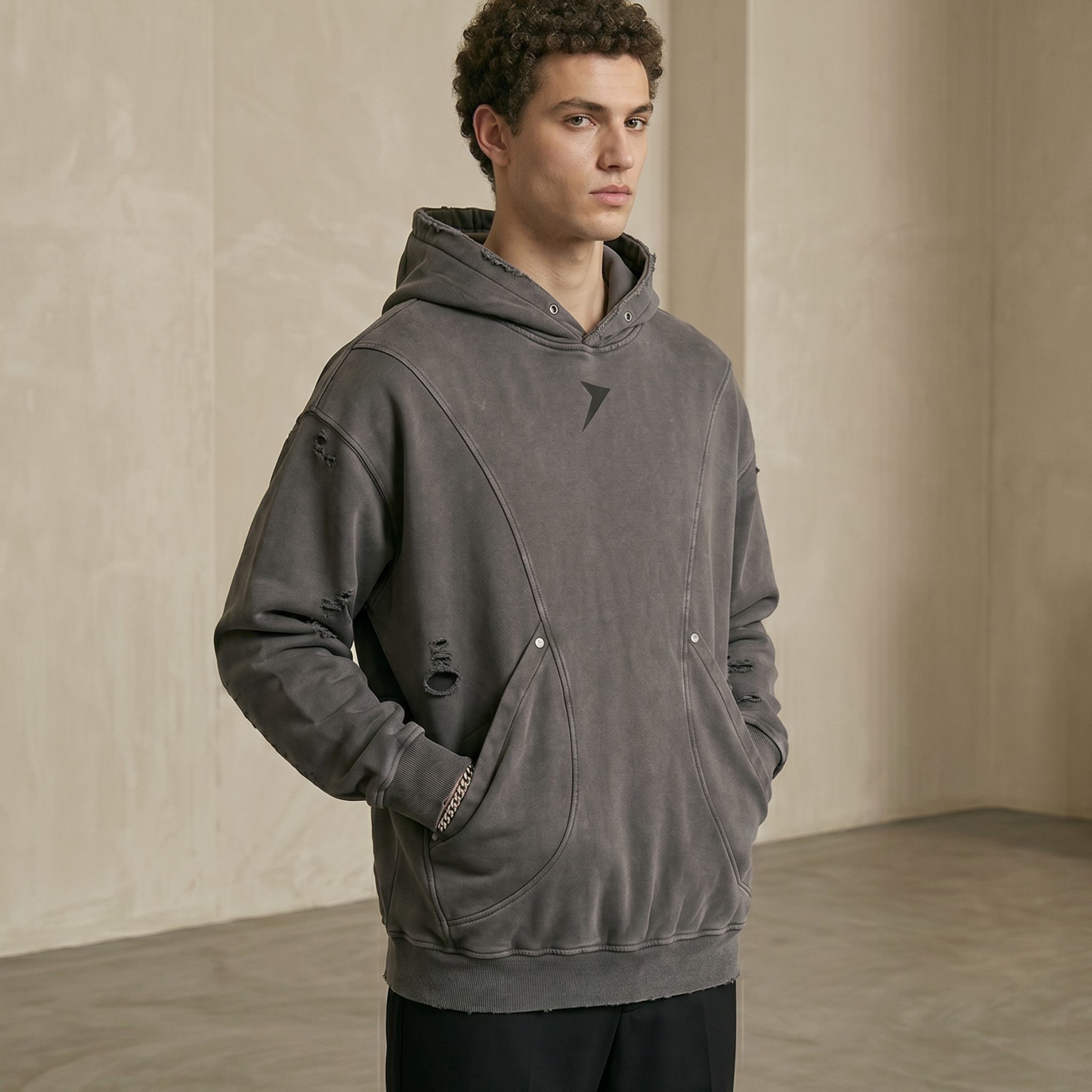 Snow Washed Distressed Panel Pocket Hoodie