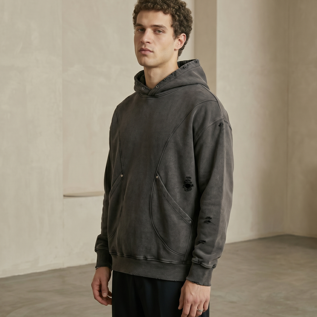 Snow Washed Distressed Panel Pocket Hoodie