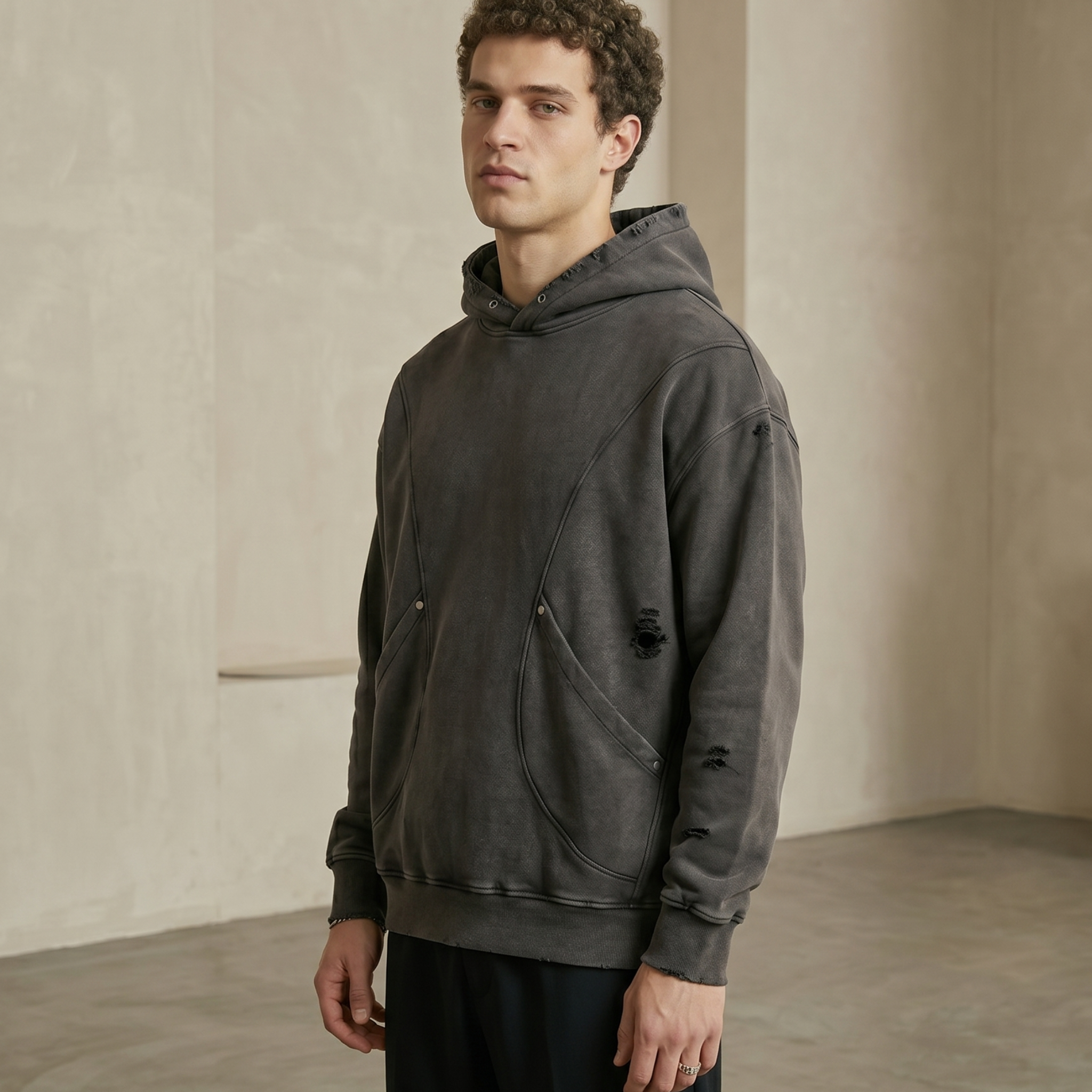 Snow Washed Distressed Panel Pocket Hoodie