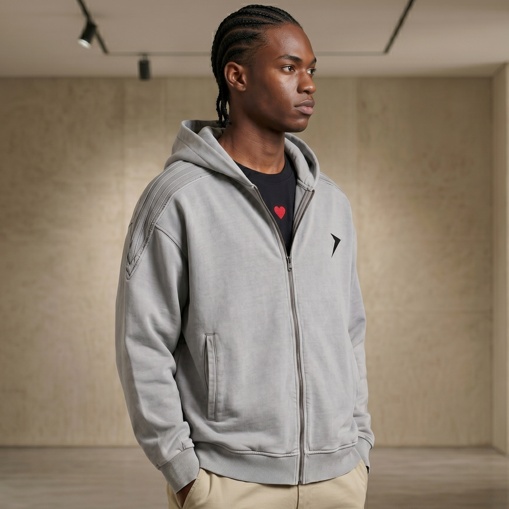 Snow Washed Tape Raw Edge Zip Hoodie